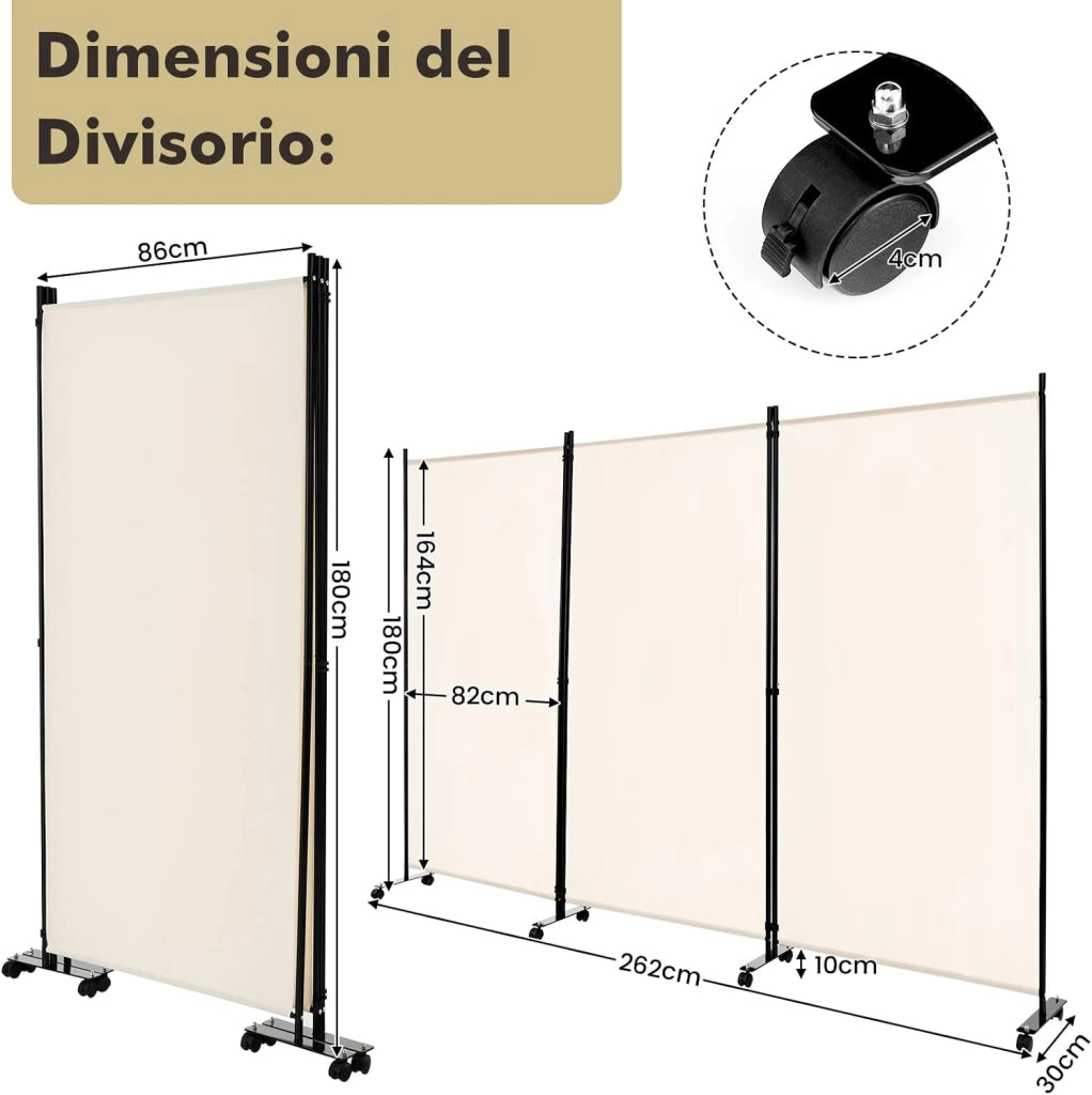 Paravento da Interno in Metallo, Separé Divisorio Interno Pieghevole con Piedini Stabili, Pannelli Divisori per Interni per Casa e Ufficio (Beige, 262 x 180 cm (3 Pannelli con ruote))