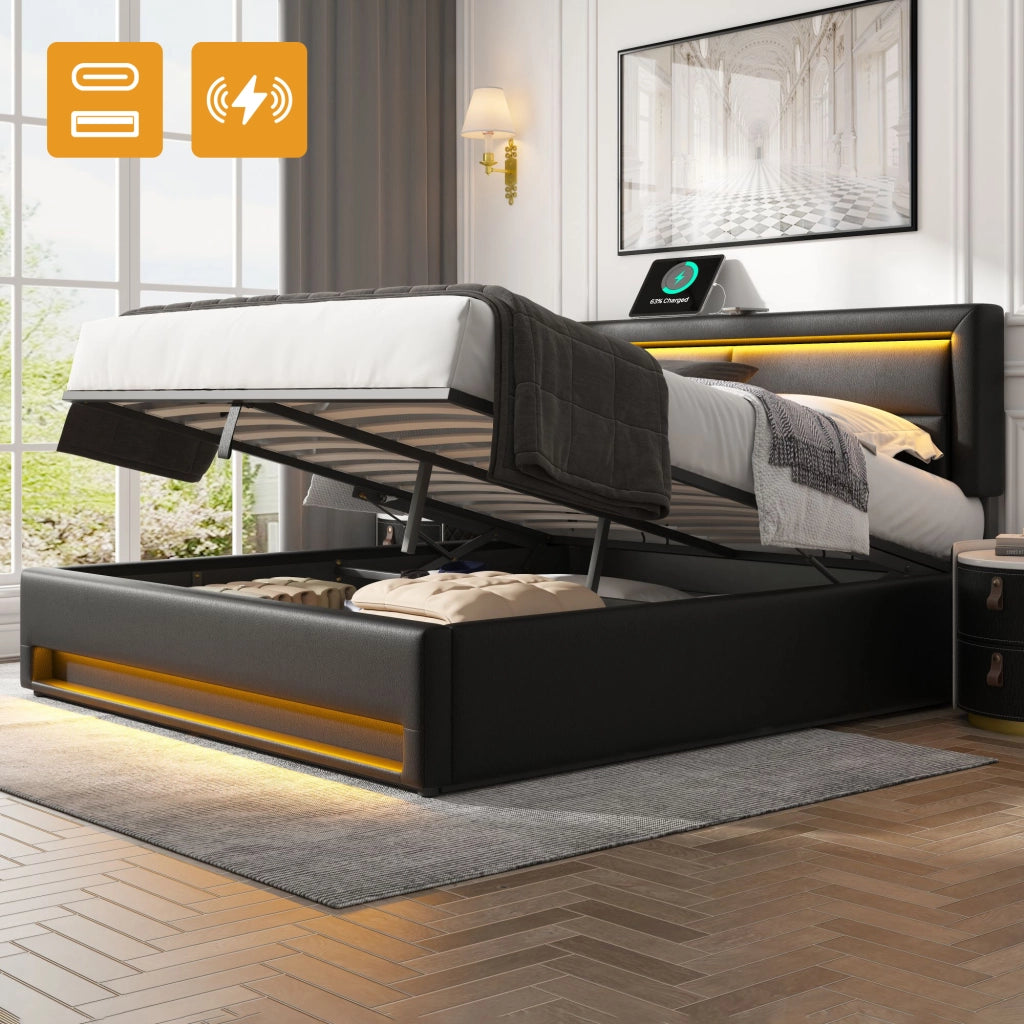 OKWISH Letto Contenitore 140×190 cm, Letto Matrimoniale con USB, Ricarica Wireless e LED Regolabile, senza Materasso, in PU, Nero