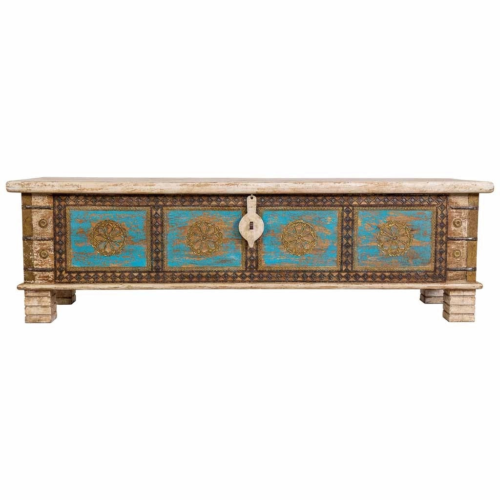 Baule in legno fatto a mano, bianco e blu, 150x45x46h cm