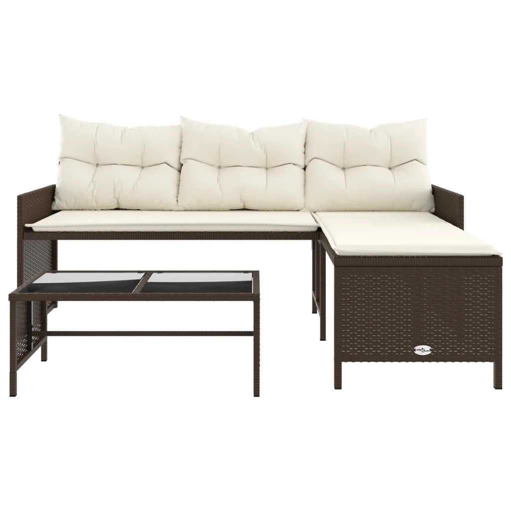 Divano da Giardino con Tavolo e Cuscini a L-Sofa da Giardino-Divano da esterno Marrone Polyrattan 907226