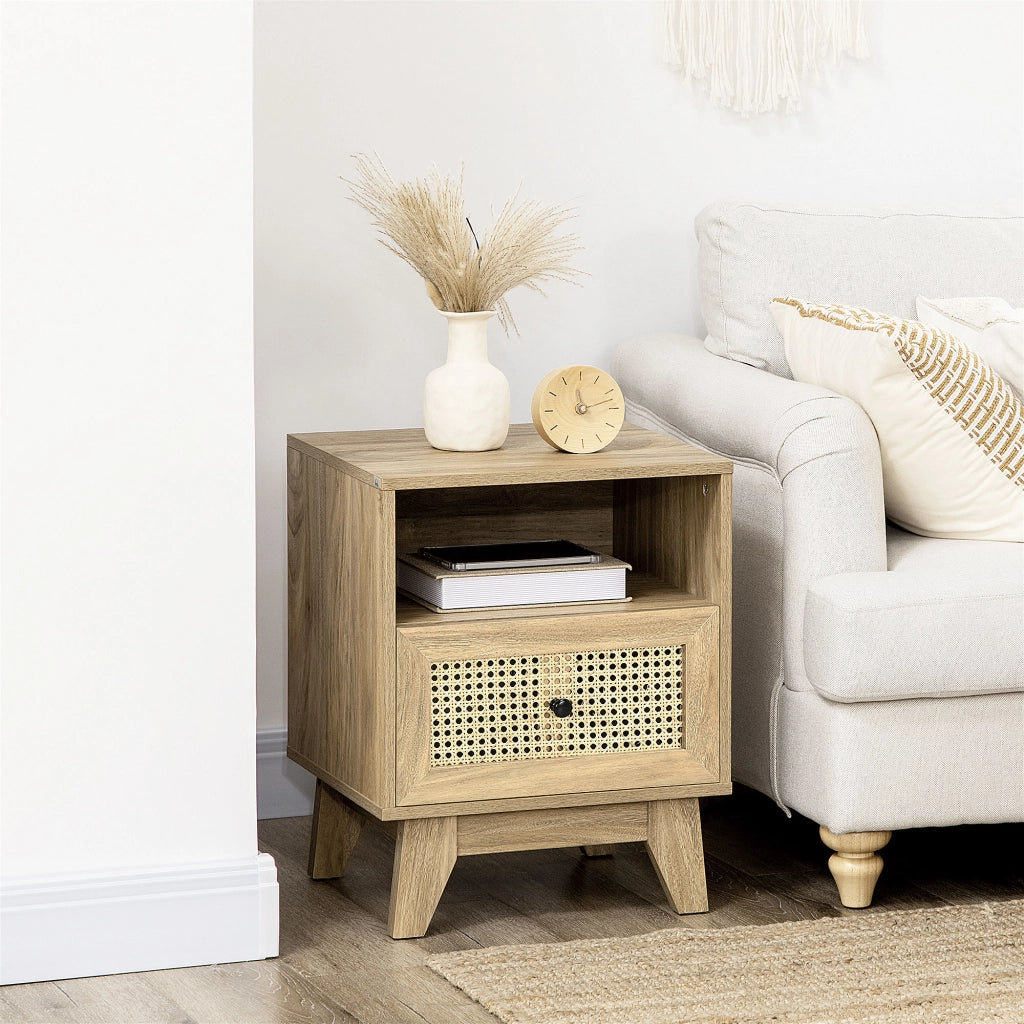 Comodino con cassetto e anta cannage ¨C Xylo ¨C legno naturale 45x39x56,5 cm