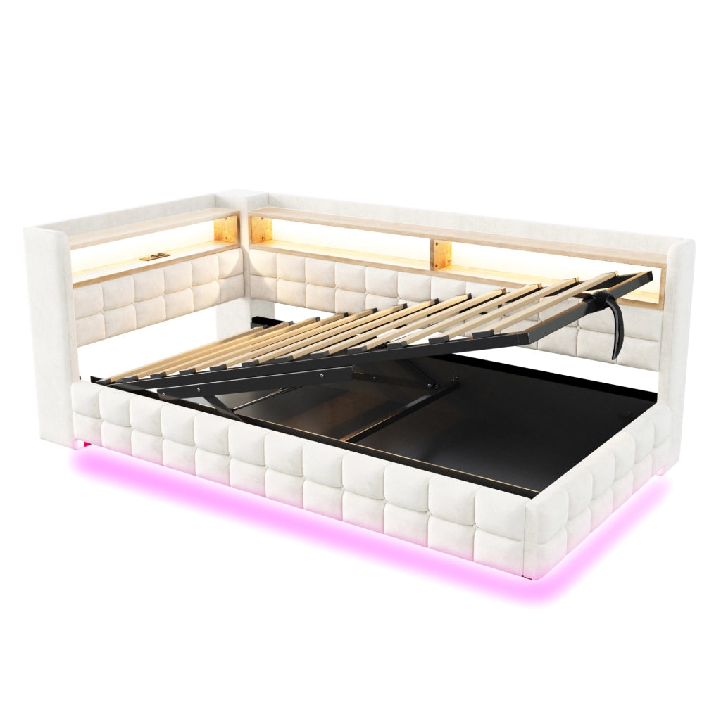 Divano letto imbottito 90x200 cm con contenitore idraulico; LED e prese USB-C; beige