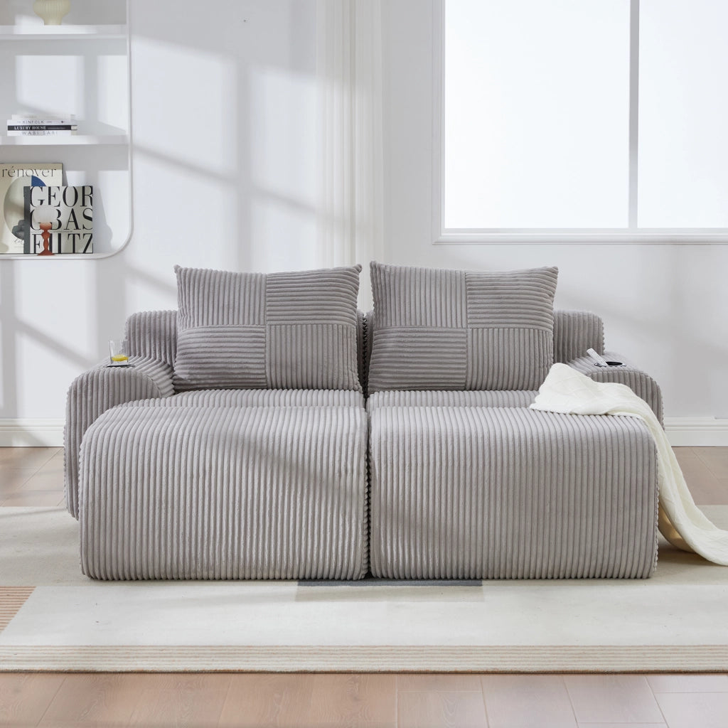 Divano modulare componibile 2 posti con portabicchieri e tasca laterale in corduroy grigio chiaro 200 × 174 × 80 cm