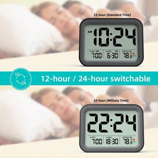 Batteria gestioneabile orologio da tavolo con visualizzazione della temperatura, adatto per uso domestico e viaggio, funzione snooze, illuminazione di fondo, silenzioso, orologio digitale, doppia funzione sveglia, orologio LCD a cifre, sveglia portatile