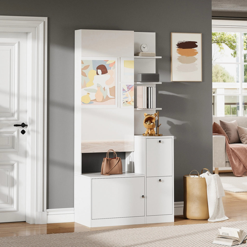Mobile ingresso 85x40x180 cm con specchio; 2 ante; 5 ripiani e scarpiera; bianco