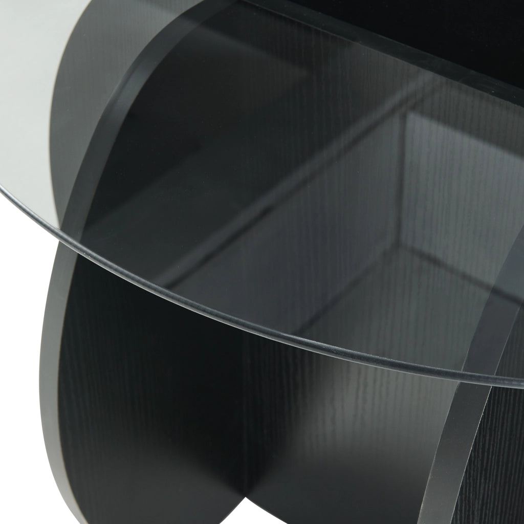 Tavolino da Caffè Karhuvandi con Piano Rotondo in Vetro Fumé Ø70 x 40 cm Grigio/Effetto Legno Nero [en.casa]