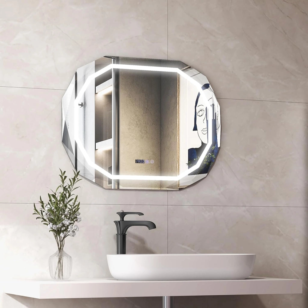 Specchio LED per Bagno 91.5 x 71cm, Specchio Antappannamento con Luce a 3 Colori, Funzione di Memoria Lettura di Tempo e Temperatura, Specchio Ellittico HD Antigraffio, IP44