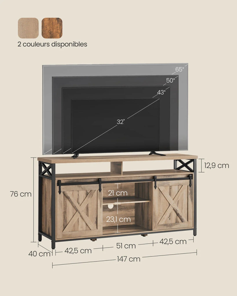 Mobile porta TV per TV fino a 65 pollici con ripiani regolabili ante in stile rustico fienile struttura in metallo marrone e nero rustico 12_0006575