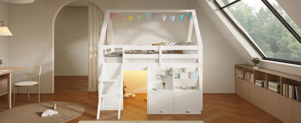 DESMIU Letto a soppalco per bambini 140 × 200 cm con scala, LED, box apribili e tasche, senza materasso, legno bianco