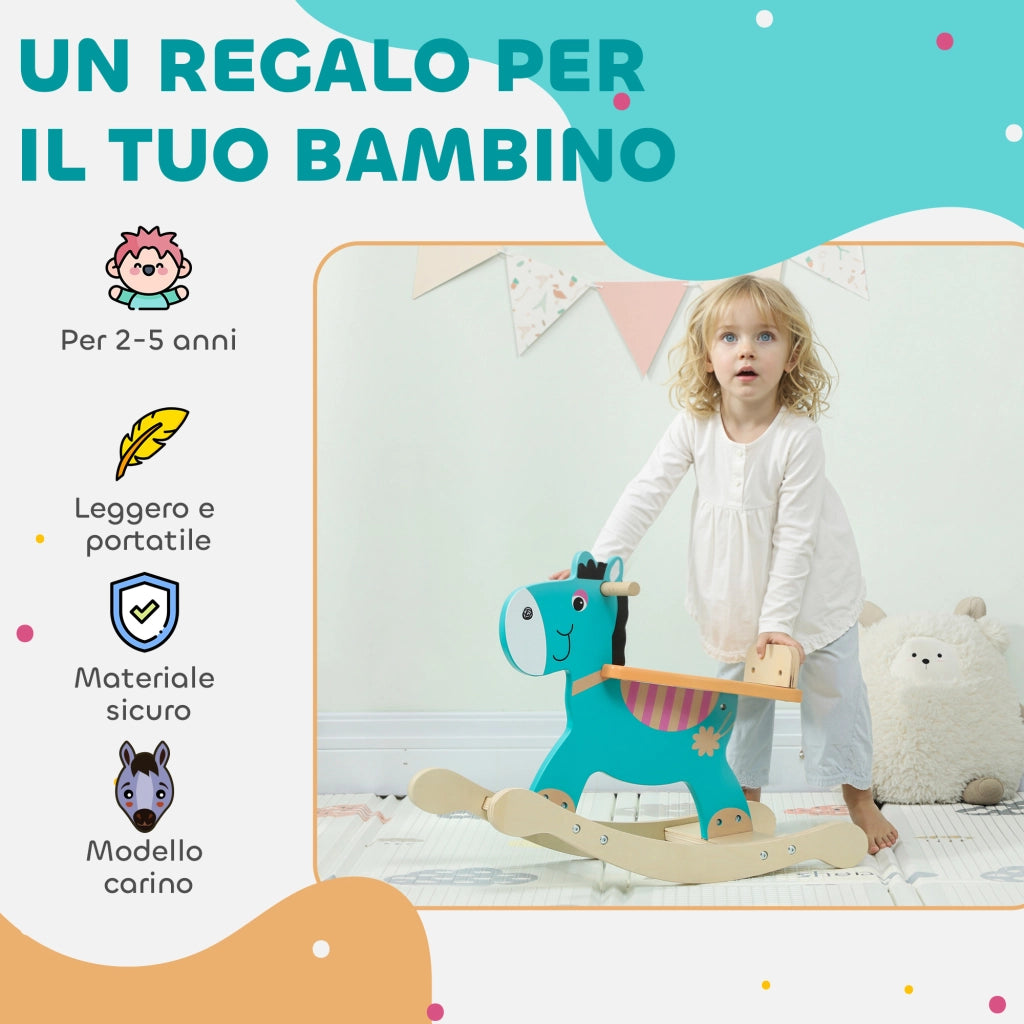 Cavallo a Dondolo a Forma di Asino per Bambini con Base Larga. in Legno. 59x27x43 cm. Verde Scuro e Arancione