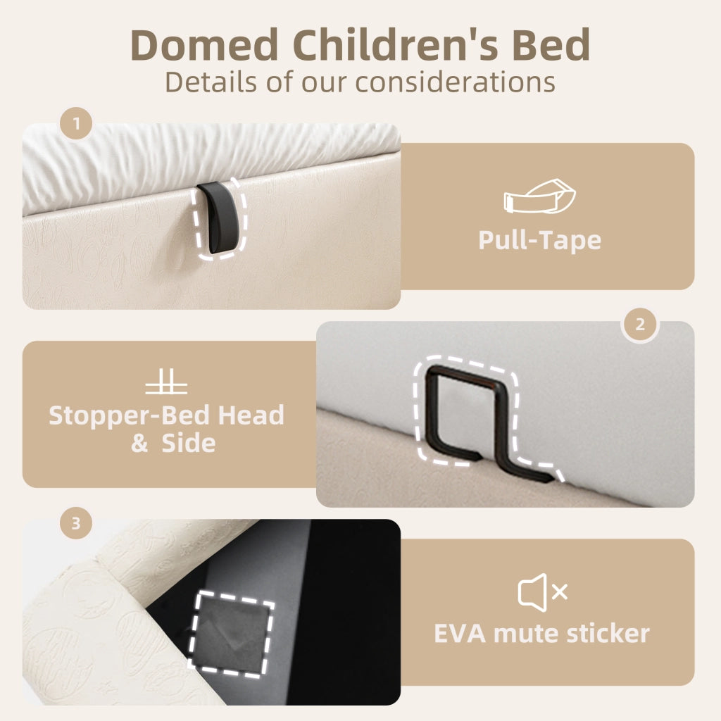 Letto Contenitore Letto Singolo 90×200 cm con Vano Sottoletto e Testiera Imbottita; senza Materasso; Beige