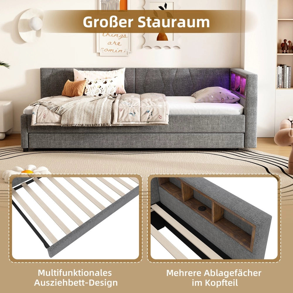Letto Singolo con Rete a Doghe e LED, Estraibile ¨C MINIMAL ¨C Tessuto Grigio 90x200