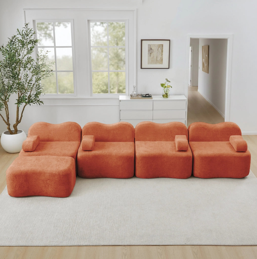 Divano angolare modulare 4 posti con ottomana 384x167x70 cm in velluto arancione