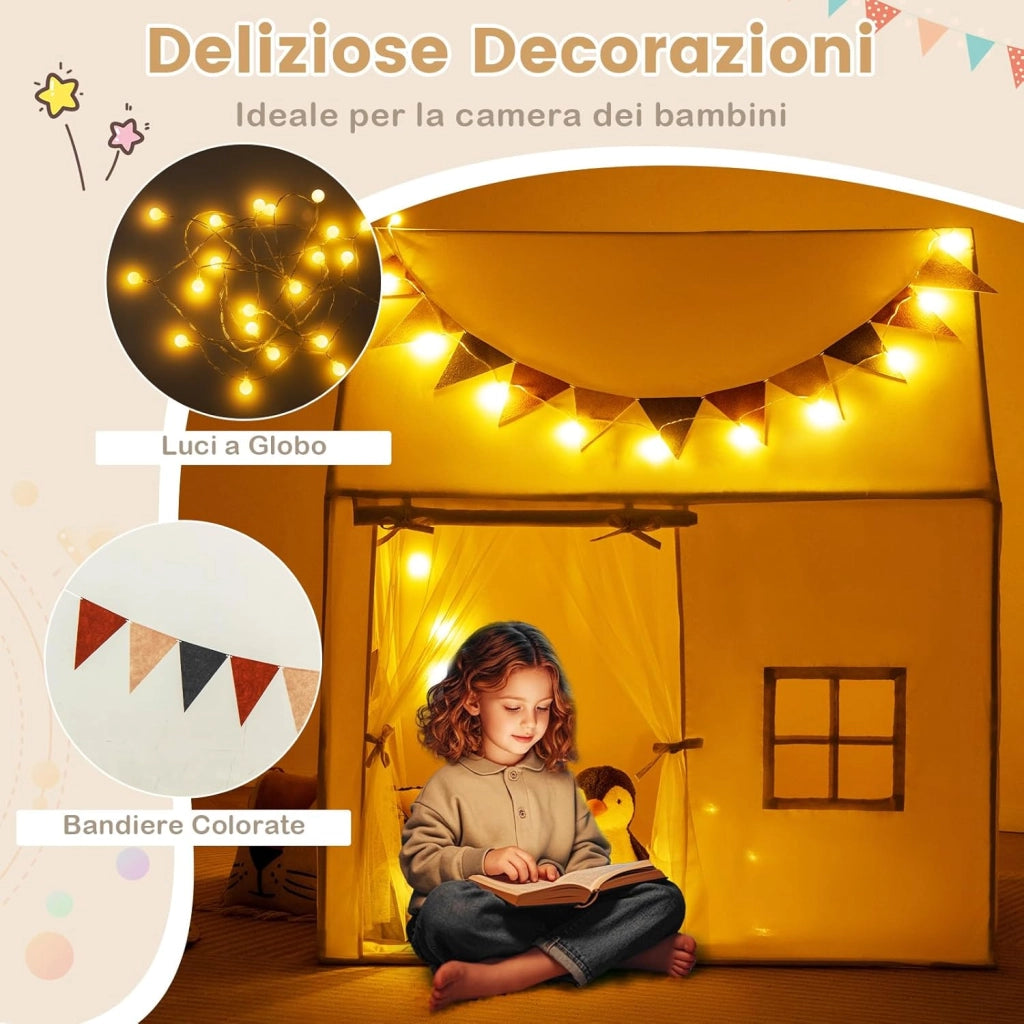 Tenda per Bambini con Luci Fatate e Bandierine, Tenda Casetta da Gioco con Porta e 2 Finestre, Tenda Gioco con Tappetino Imbottito, per Interno ed Esterno, 123 x 107 x 137 cm, Beige