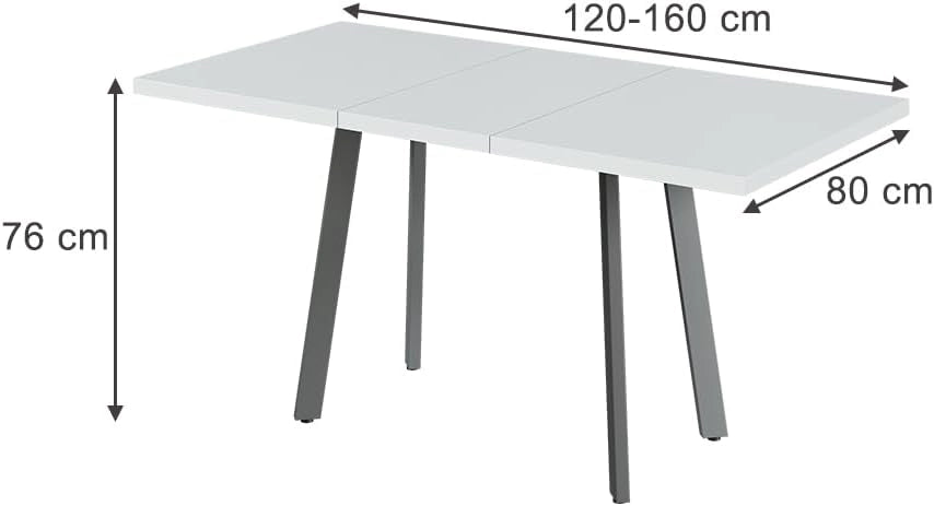tavolo da pranzo allungabile Tisko, Bianco/Grigio, 160 x 80 cm con piano d'appoggio allungabile, estendibile fino a 160 cm con prolunga integrata
