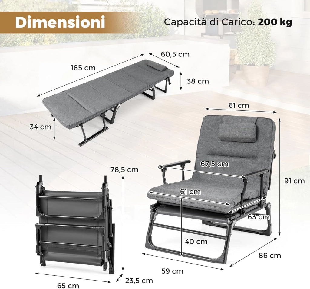 Sedia a Sdraio Pieghevole, con Schienale Reclinabile 6 Posizioni, Poggiatesta, Lettino da Esterno con Struttura in Metallo per Giardino, Cortile, Portata 200 kg