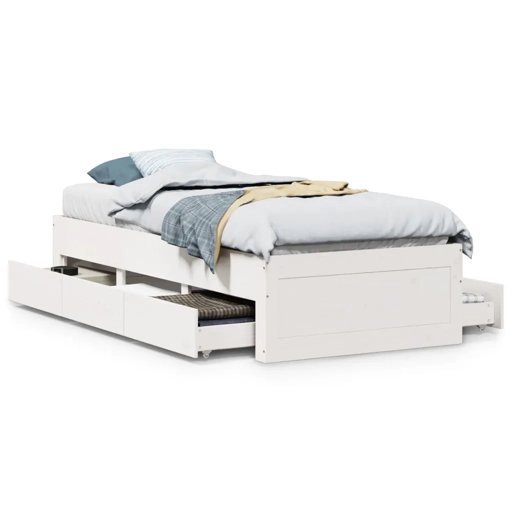 Letto singolo | Letto per adulti | Giroletto senza Materasso con Cassetti Bianco 90x200 cm Pino