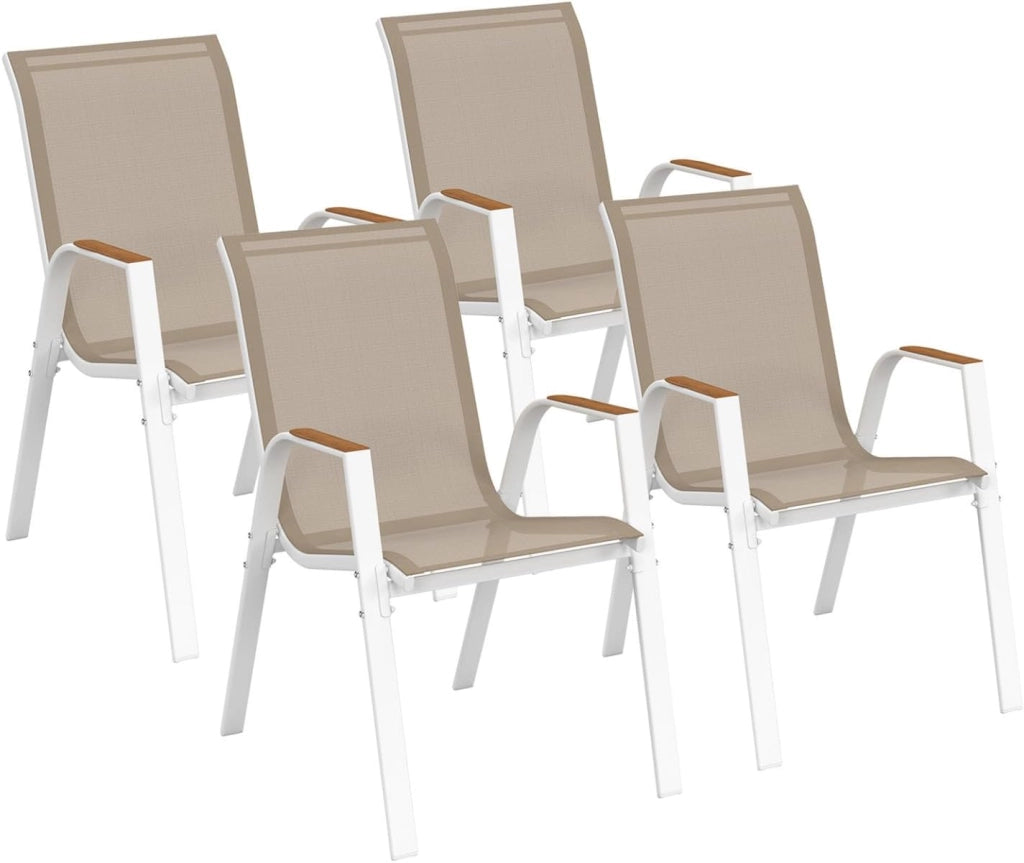 Set di 4 sedie da giardino impilabili NOUMEA in metallo e textilene in bianco e legno