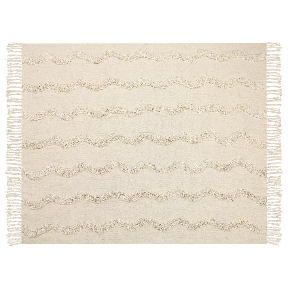 Coperta in cotone beige con frange e motivo geometrico 125 x 150 cm stile boho soggiorno camera da letto accessorio divano