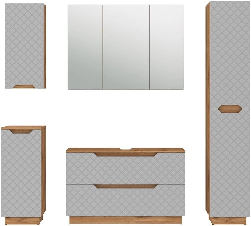 Set di mobili da bagno Lotta, Rovere/grigio con struttura in piastrelle, 5 parti