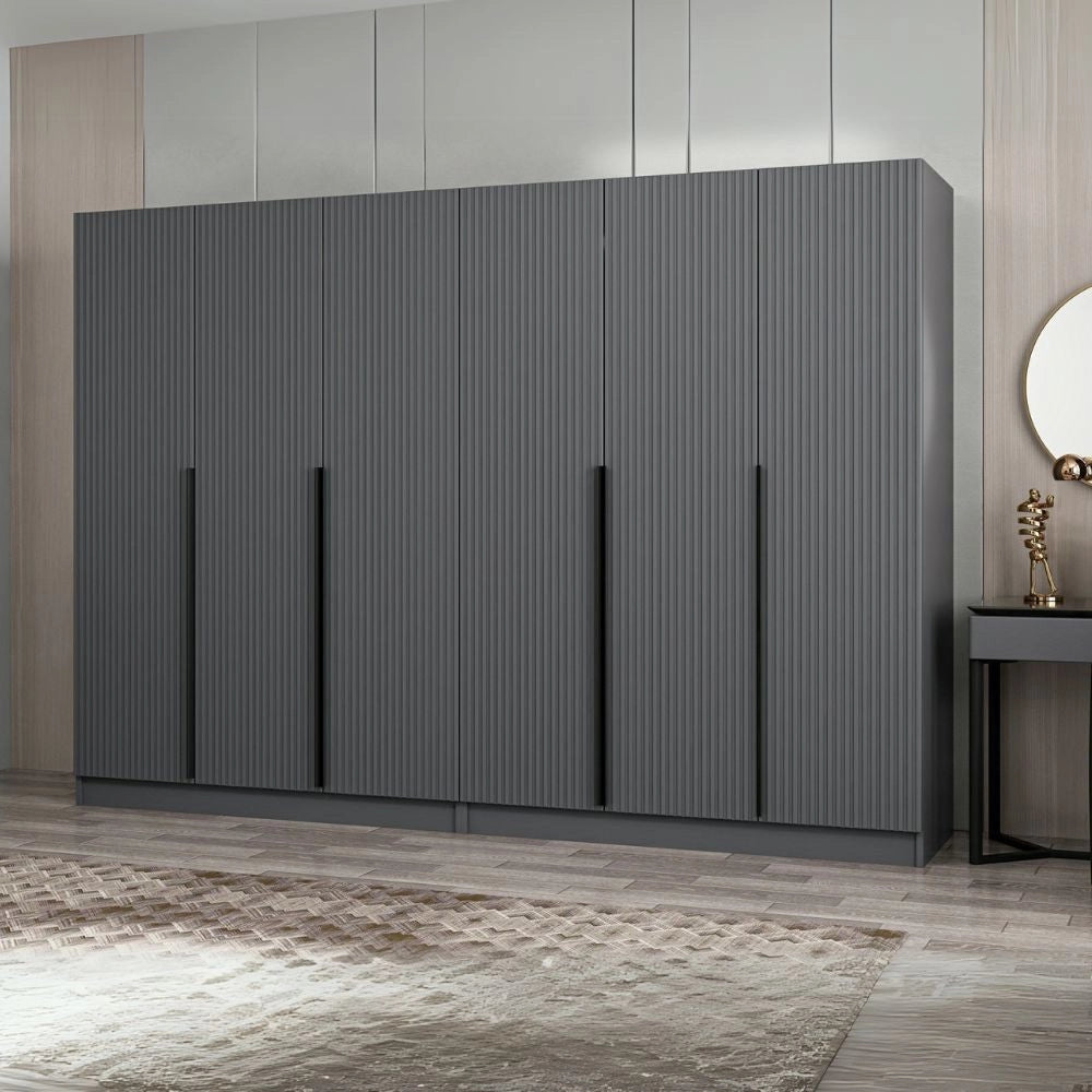 Armadio Kale 6 ante battenti effetto cannettato antracite 270x52x210H – Eleganza e capienza