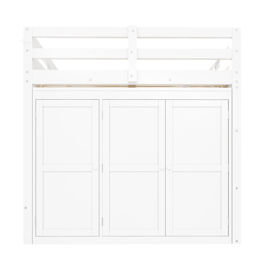 Letto a Soppalco con Armadio Integrato, Finestre e LED ¨C Xylo ¨C Legno Bianco 140x200