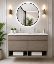 Mobile bagno sospeso con lavabo extrapiano ORIGENBATH NEBARI senza specchio 120x45 cm doppio lavabo rovere smoky