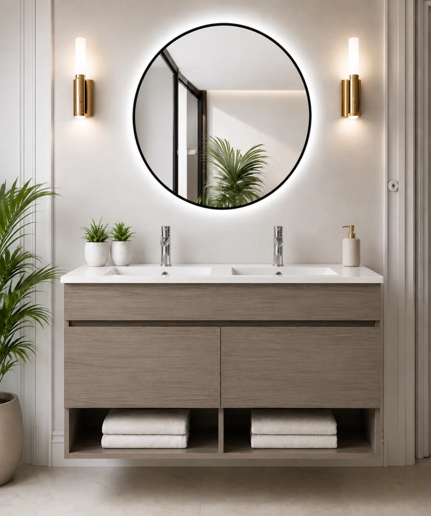 Mobile bagno sospeso con lavabo extrapiano ORIGENBATH NEBARI senza specchio 120x45 cm doppio lavabo rovere smoky