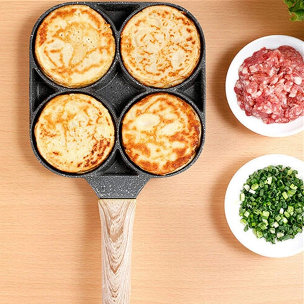 Trade Shop - Padella Antiaderente A 4 Fori Per Uova Pancake Manico In Legno Accessori Cucina 624386 -