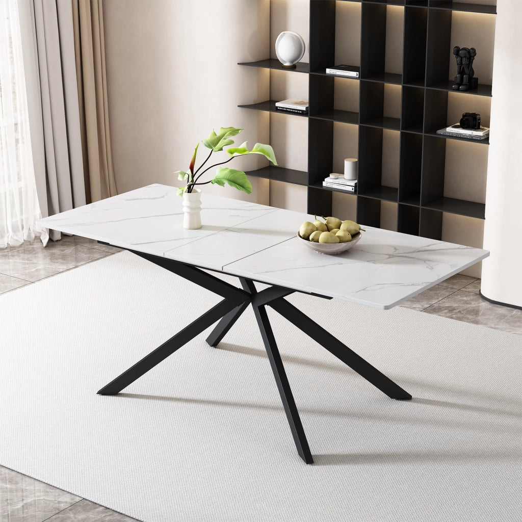 Tavolo allungabile con design a croce e effetto marmo per sala da pranzo e soggiorno in MDF e metallo nero bianco