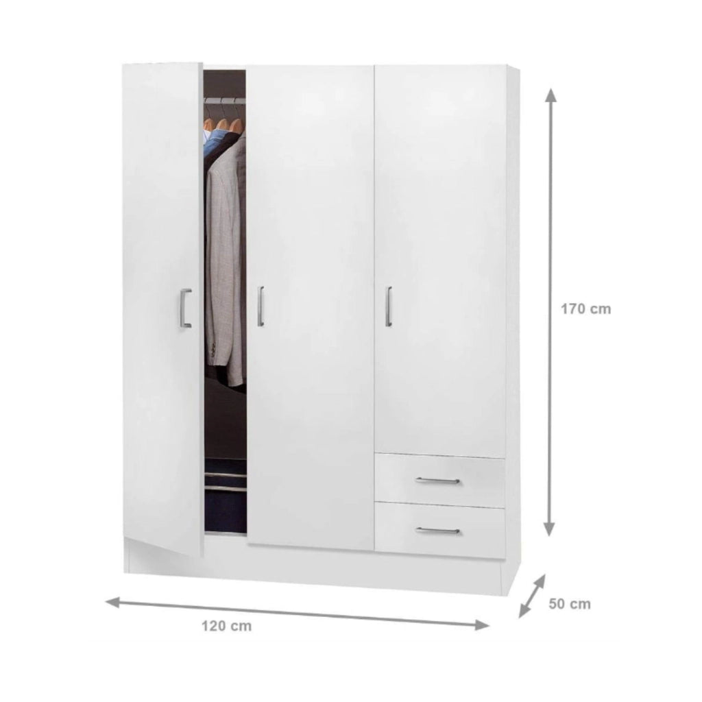 Guardaroba Anci, Armadio moderno a 3 ante battenti 2 cassetti, Mobile lineare da camera con tubo appendiabiti , Cm 120x50h170, Bianco