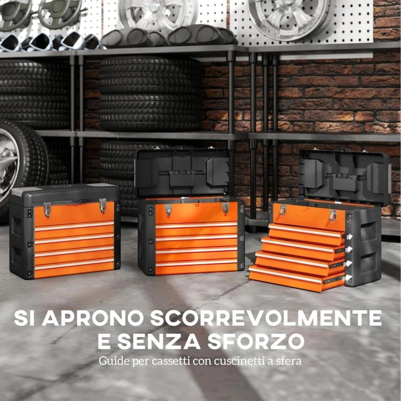 CASSETTA PORTA ATTREZZI CON 4 CASSETTI E SCOMPARTO SUPERIORE IN ACCIAIO E PLASTICA, ARANCIONE E NERO
