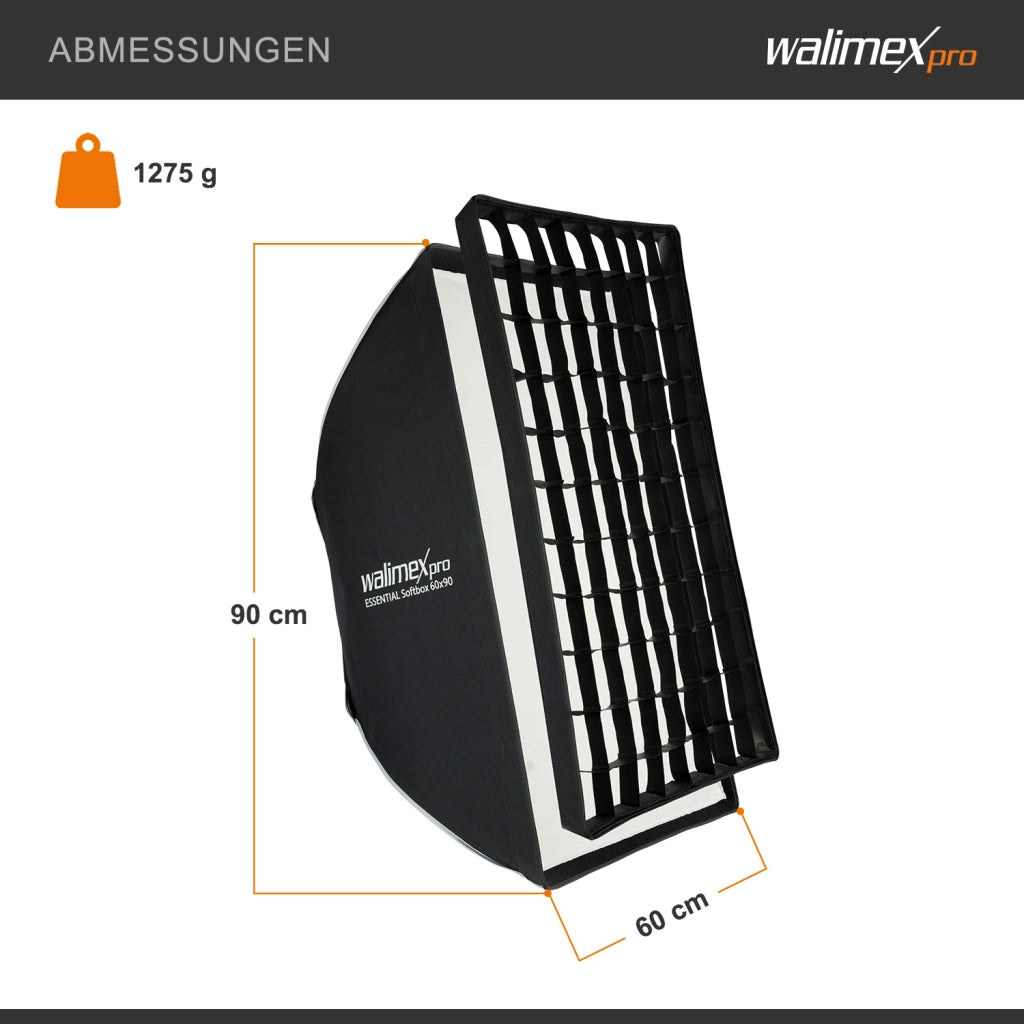 Essential Softbox 60x90cm + adattatore softbox per Elinchrom (diametro esterno: 15,2 cm), ruotabile a 360°, facile da montare, griglia inclusa, adattatore Bowens e borsa di trasporto