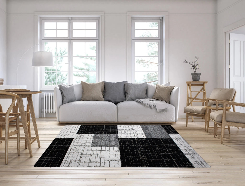 Tappeto Arredo Moderno Morbido in Ciniglia Ingresso Antiscivolo Prodotto Italiano  Soggiorno Camera Salotto Disegni Piazzati Cotone Varie Misure Grande Mondrian/Nero - 65x115 cm