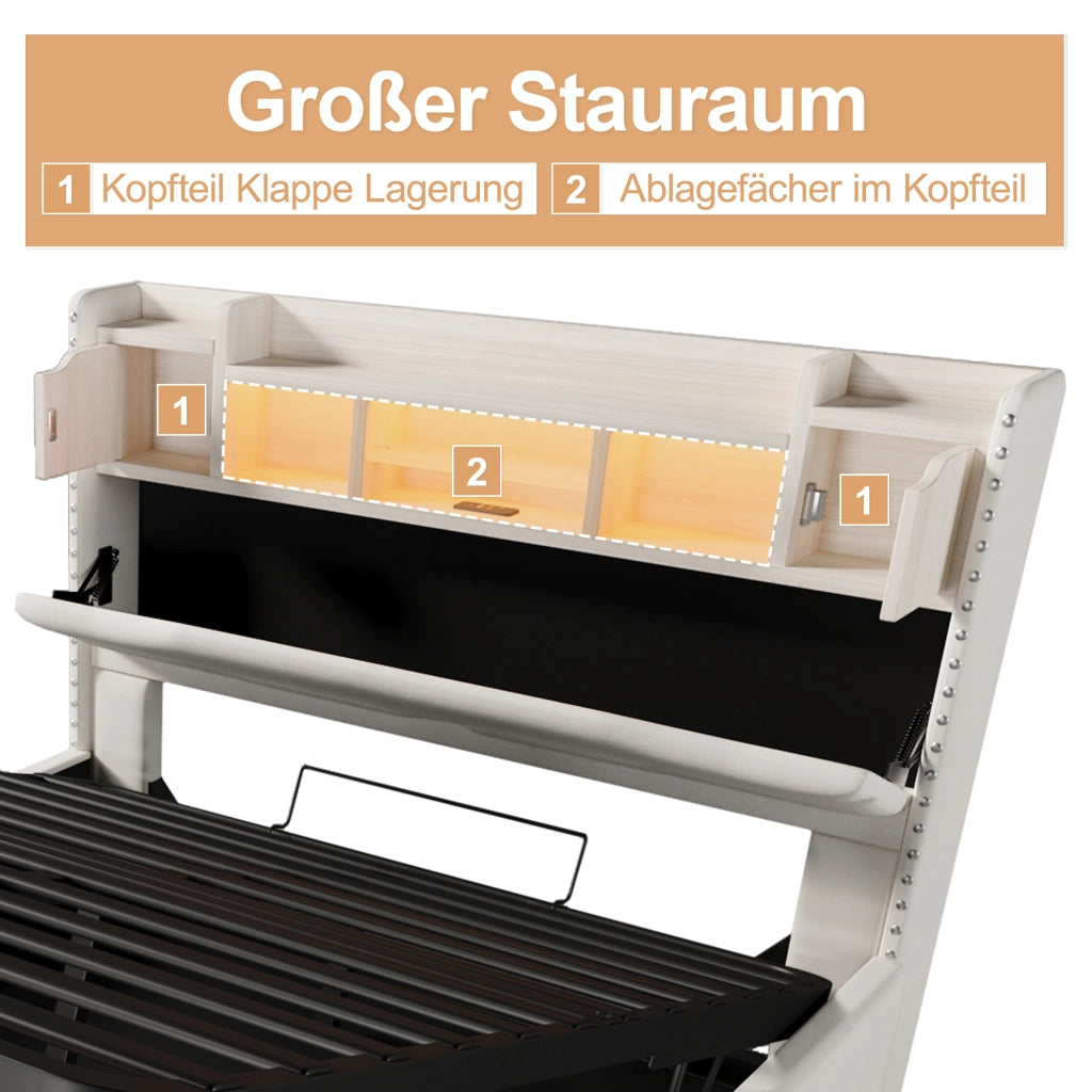 Letto Contenitore 160x200 cm; Letto Matrimoniale con USB; Type-C; LED; in Lino Beige