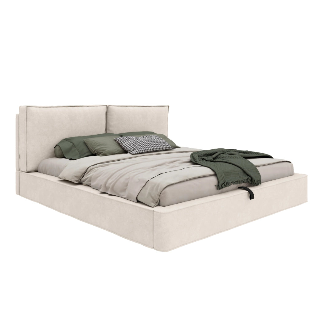 Letto matrimoniale 160x200 cm in chenille beige con contenitore idraulico e testiera imbottita