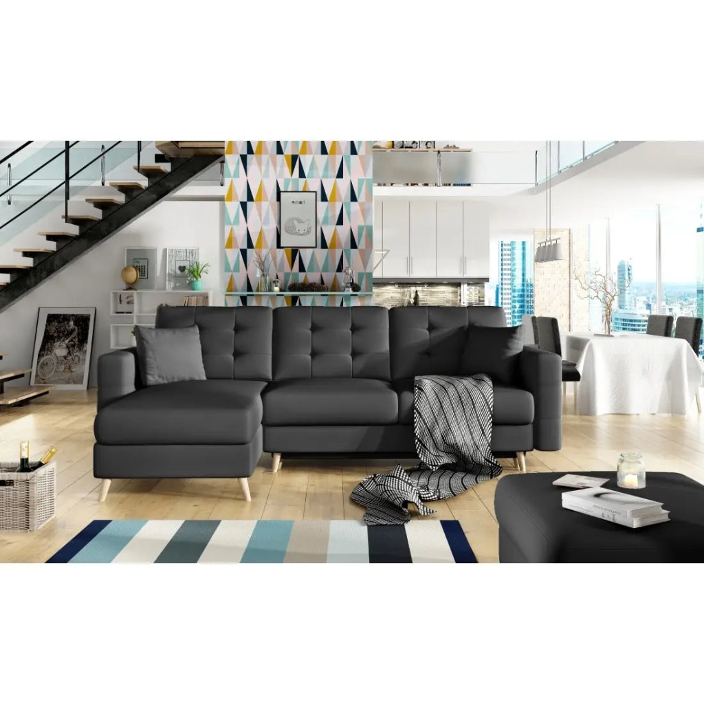 Canapé d'angle convertible HASGARD 3 places noir 248x162 cm – coffre et pieds bois Divano angolare trasformabile HASGARD 3 posti nero 248x162 cm - con vano contenitore e piedi in legno