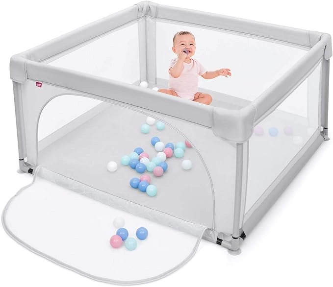 Box per Bambini, Centro Attività Portatile con Cancelli di Sicurezza, con Ventose Antiscivolo, Pareti a Rete Traspirante e 2 Anelli per Bambini, Cancello per Giocare con Palline (Grigio)