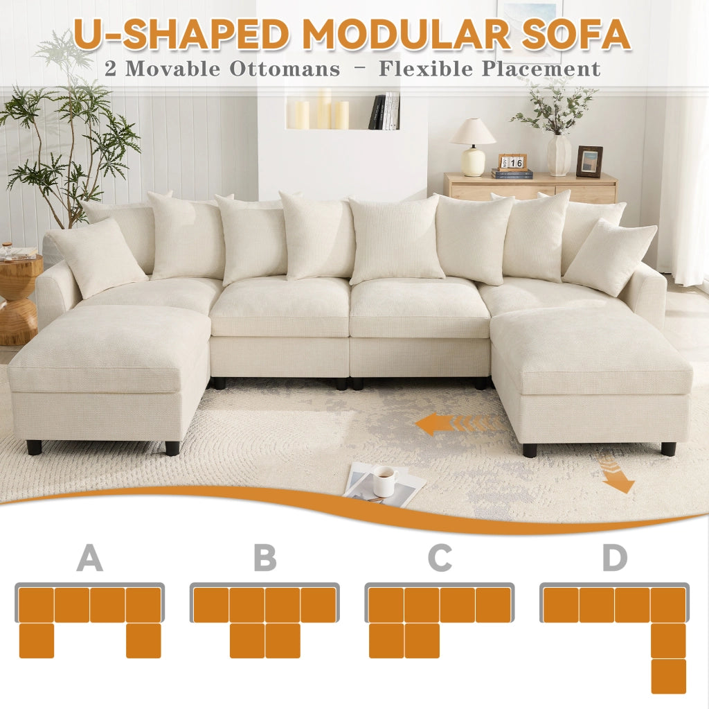 Divano angolare modulare 6 posti a U/L con 2 pouf; USB e Type-C; ciniglia beige