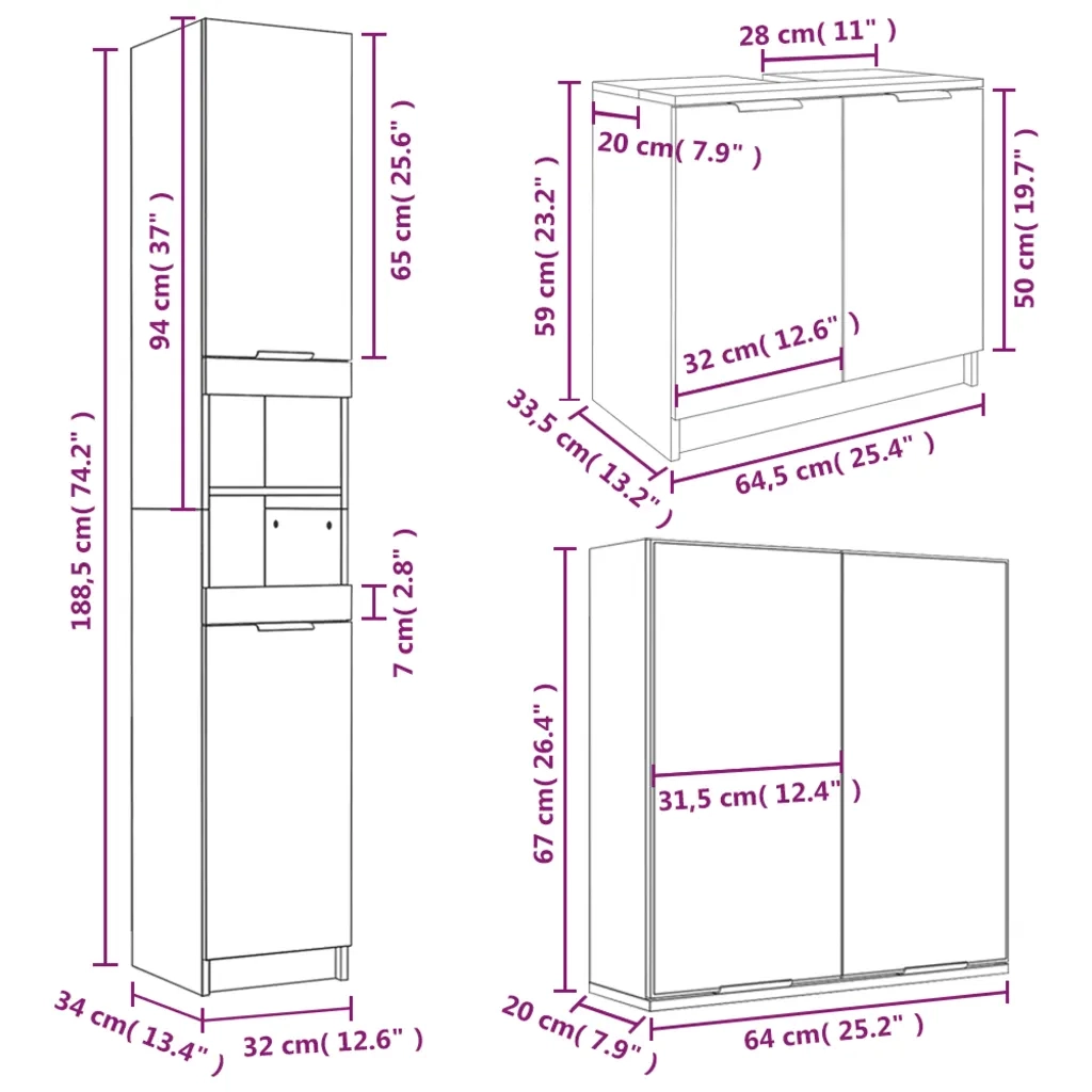 Set di Mobili da Bagno | Armadio da bagno 3 pz Bianco in Legno Multistrato