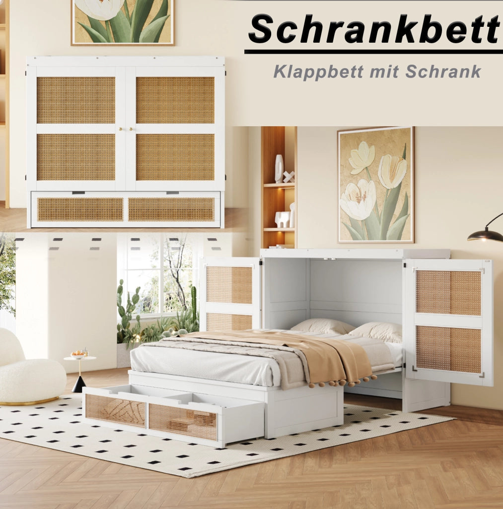 Letto a scomparsa 140x200 cm salvaspazio con cassetti in legno