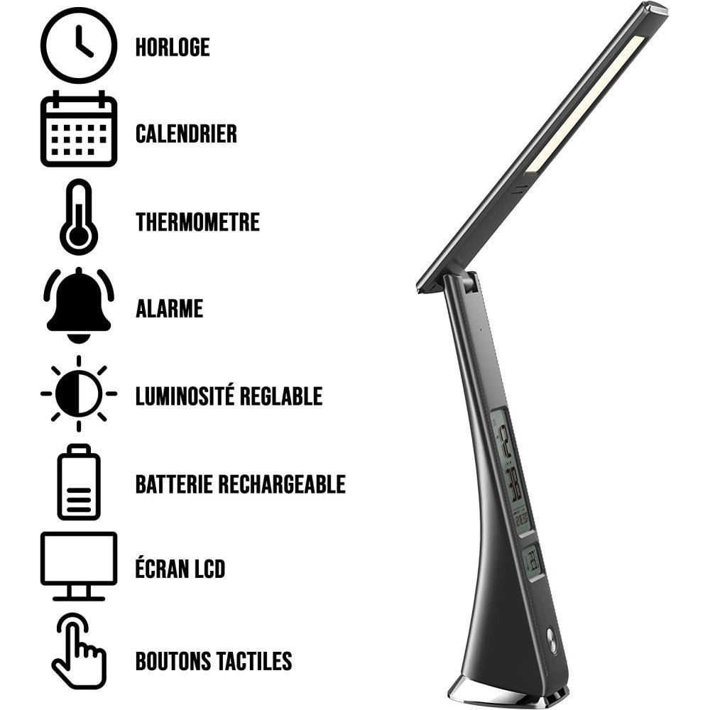 Trade Shop - Lampada Scrivania Luce Led 3 Intensita 5w Nero Ecopelle Orologio Display Lcd -