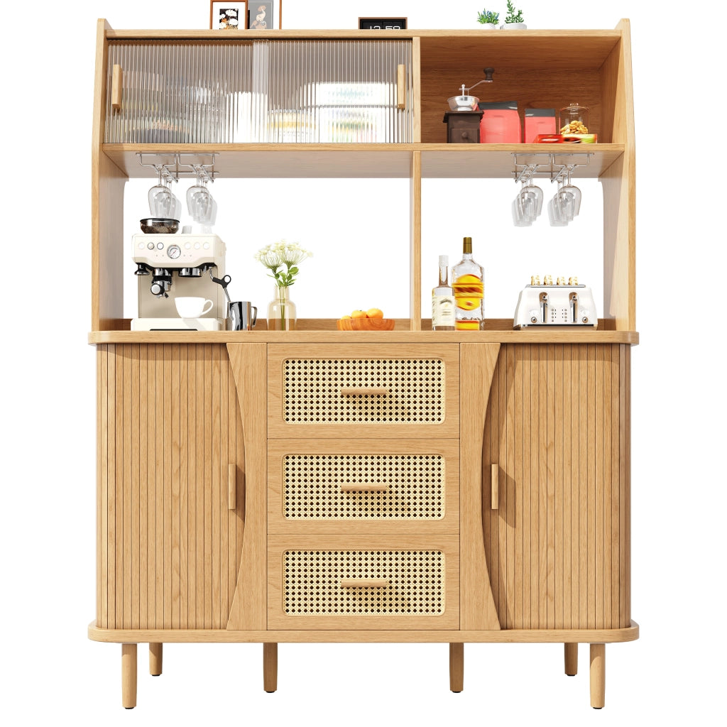 Buffet con Ante in Vetro Scorrevoli e Rattan ¨C MINIMAL ¨C Legno/Noce, 174,5 cm, 60 kg