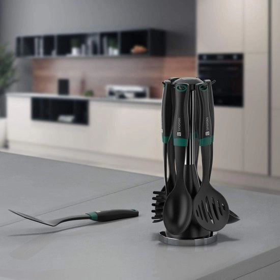 Set di Cucina da 6 pezzi con Spatola Rotante - Spatola e Cucchiaio Antiaderente - Nero e Verde Smeraldo (BPA libero)