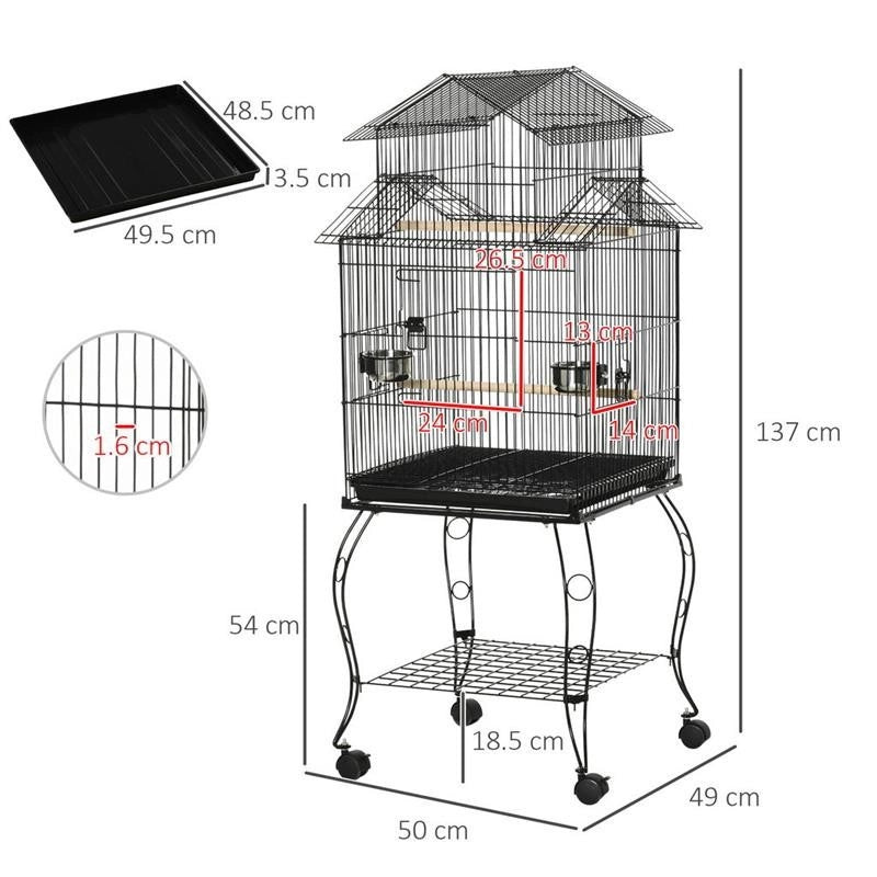 GABBIA PER UCCELLI DA INTERNI IN ACCIAIO E LEGNO CON VASSOIO, 4 RUOTE E TRESPOLO, 50X49X137CM