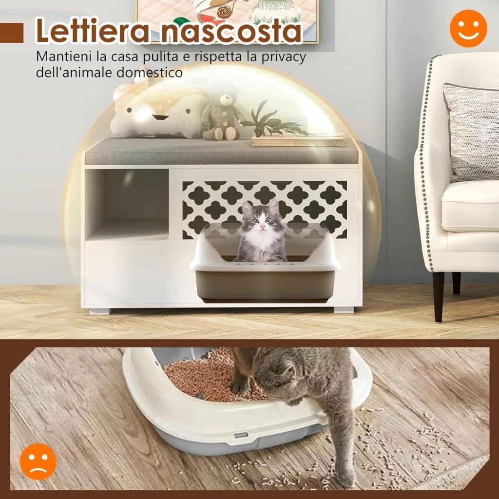 Mobile per Lettiera per Gatti, Panca per Lettiera per Gatti, Mobile Contenitore con Cuscino Rimovibile per Gatti da Interno, Bianco, 90 x 48,5 x 52 cm