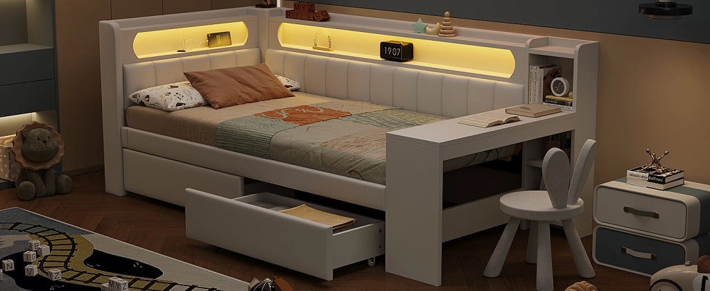 DESMIU Lit banquette 90 × 200 cm 1 place avec bureau, 2 tiroirs, LED et USB, sans matelas, blanc