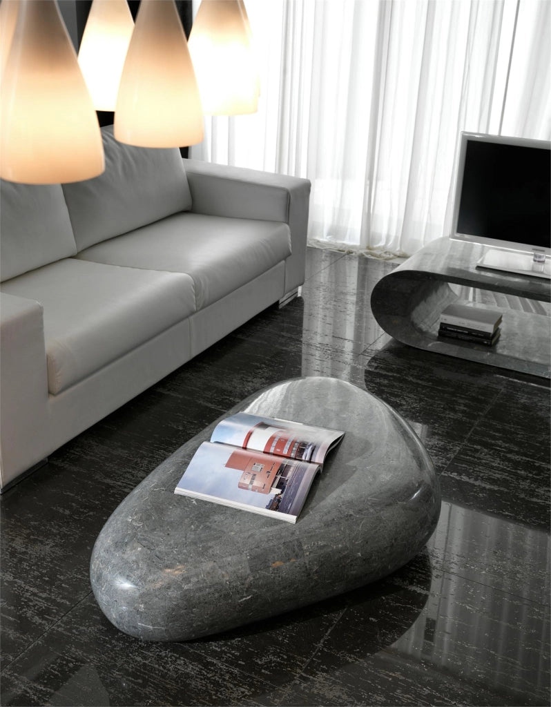 Tavolino Sasso Big in Pietra Fossile Gray Stone - Design moderno con base e top in compensato marino rifinito a mano - 123x74 cm