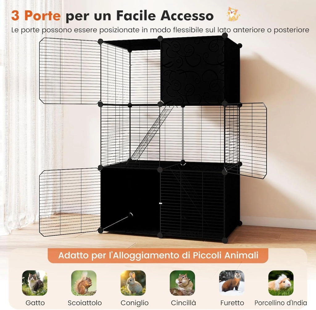 Gabbia Grande per Gatti, Recinzione da Interno per Gattini in Filo Metallico a 3 Livelli, Recinto per Esterno Smontabile con 2 Rampe, per Furetti, Conigli, Porcellini d'India