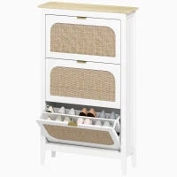 Mobile porta scarpe 21 paia bohémien con 3 cassetti ribaltabili, porte effetto cannage in rattan, 80 x 24 x 131 cm, bianco